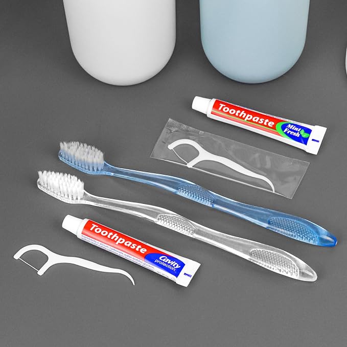200 pcs Disposable Toothbrushes with Toothpaste Floss Individually Wrapped, 2 Color Toothbrush, 10g Toothpaste, Floss Pick, Bulk Toothbrush for Homeless,Airbnb,Hotel,Guest