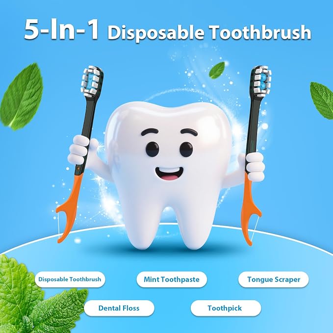 40Pack Disposable Toothbrushes with Toothpaste Pick Floss & Tongue Scraper | 5-in-1 Mini Prepasted Travel Toothbrush for Hotel Camping Flight Car Single Use Portable Individually Wrapped | Mint