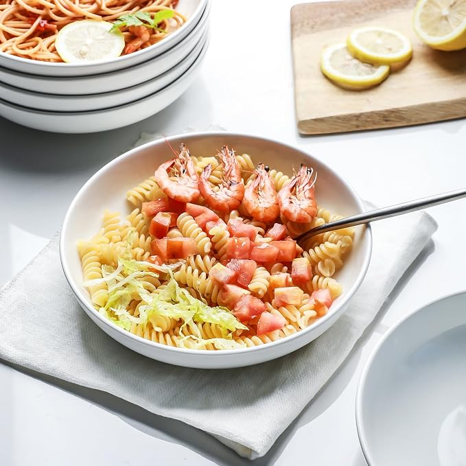 Selamica Porcelain 8.6 inch Salad Pasta Bowls, 34 OZ Bowls Plates, Wide and Shallow Serving bowls, Microwave & Dishwasher Safe, Sturdy & Stackable, Set of 6(White)