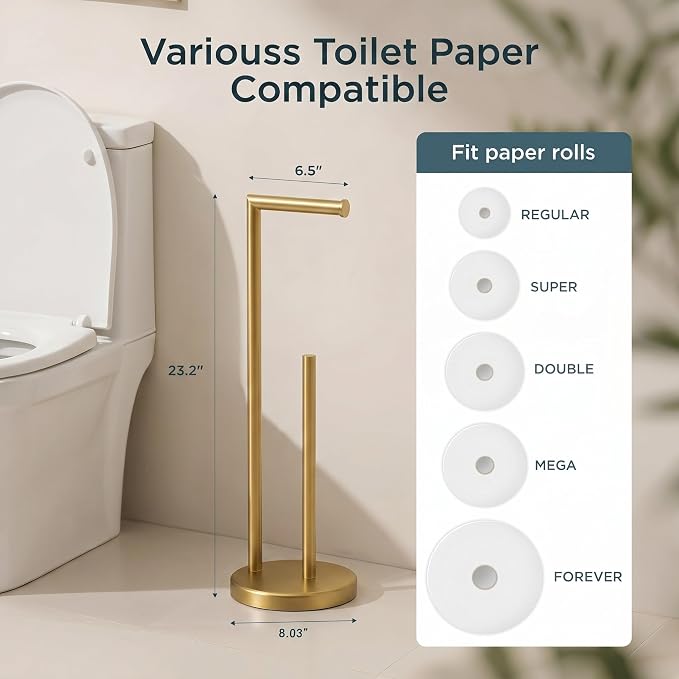 FORIOUS Toilet Paper Holder Stand, Modern Freestanding Tissue Roll Holder for Bathroom, Durable 304 Stainless Steel and Weighted Base Toilet Paper Stand, toilet paper storage for 4 Rolls, Brushed Gold