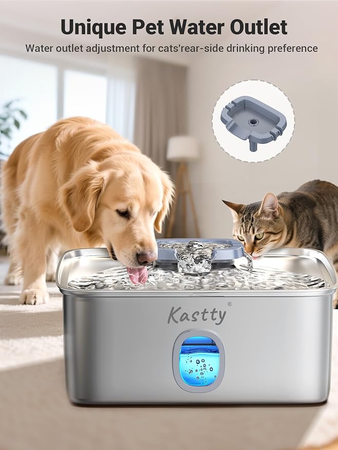 Kastty 4 Gal/15L Stainless Steel Dog Water Fountain for Large Dogs | Dog Water Bowl Dispenser Triple Filtration,Ultra Quiet Automatic Pet Water Fountain with Water Level Window&LED Light(FS76)