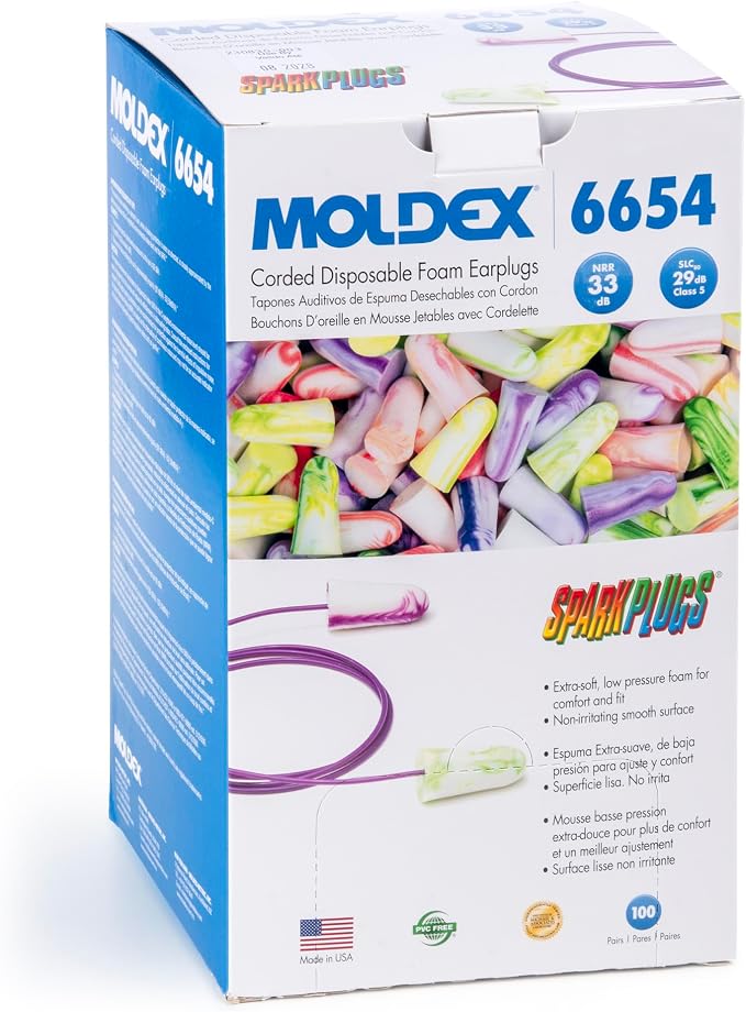 Moldex SparkPlugs® Corded Soft Foam Earplugs – Comfortable Disposable Ear Plugs for Hearing Protection, Noise Reduction, NRR 33dB, Individually Wrapped, 100 Pairs, 6654 | Disposable, NRR 33dB, Individually Wrapped, Model 6654