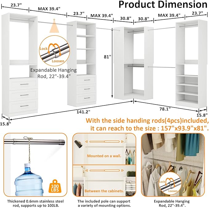 Vomavex Closet System with 4 sets, 101.9" Closet Organizer Systems with 6 Drawers & 8 Hanging Rods & Adjustable Shelves, Walk in Closet Standing Closet System, Corner Closet System Set, White
