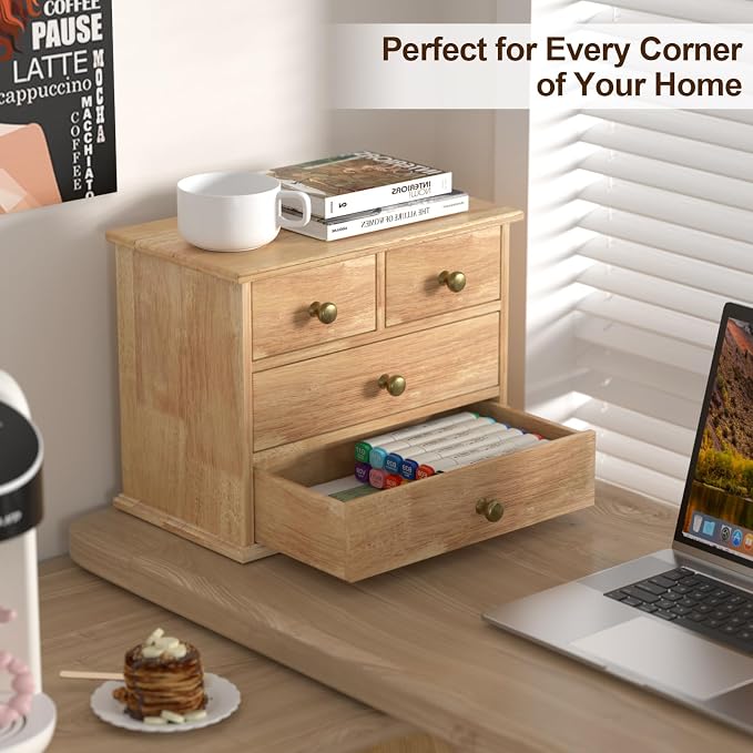 Oak Desk Organizer with Drawers, Wooden Desktop Storage Box with Metal Handles & Non-Slip Silicone Pads, 4 Drawer Tabletop Organizer for Office, Bedroom, Bathroom, Vanity, Makeup – Light Burnt Brown