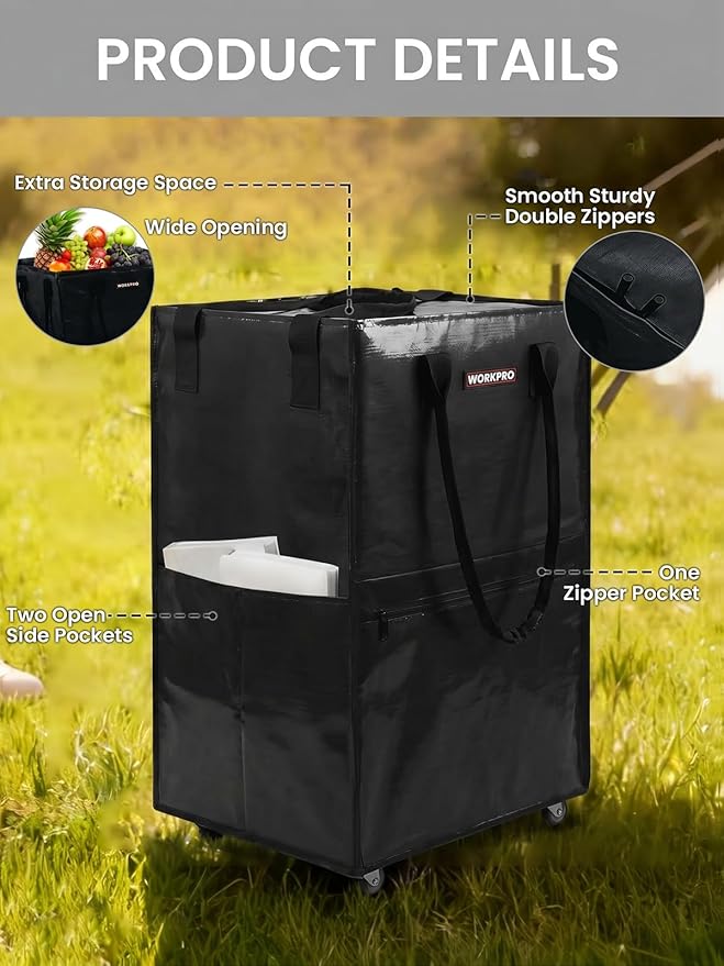 WORKPRO Medium Rolling Grocery Bag, 18-Gallon Shopping Tote with 4 Wheels | Reusable Grocery Bag on Wheels, Holds Up to 75 lbs, Heavy Duty Rolling Tote for Groceries, Laundry, Moving & Storage