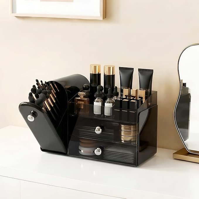 lurcns Makeup Organizer with Dustproof Brush Holder for Vanity, Large Cosmetics Organizer and Bathroom Countertop Skincare Storage with 2 Clear Drawers for Lipstick, Perfume, Eyeshadow Palettes,Black