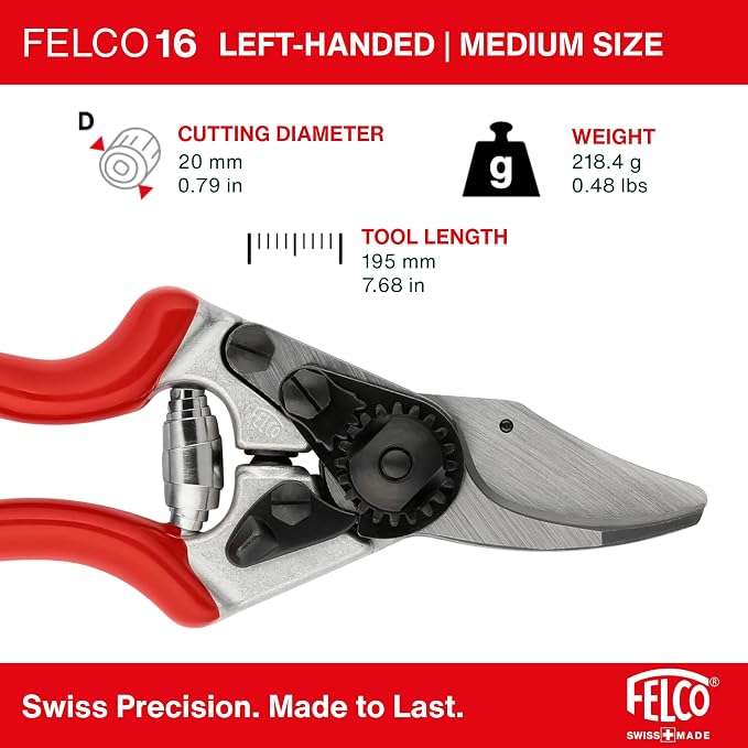 Felco F16 Pruning Shears – 7.7" Garden Clippers for Left-Handed Users with Bypass & Anvil Blades | Hand Pruners for Gardening | Garden Tool Cutter with Aluminum Handle, Lightweight Swiss Precision