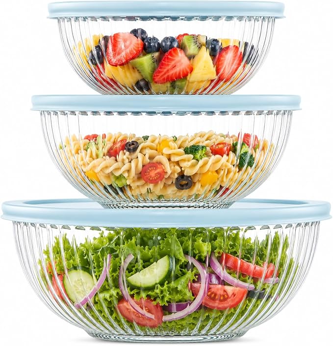 Luvan Glass Mixing Bowls with Lids Set(3.7QT, 2.1QT, 1.1QT),3PC Glass Nesting Bowl, Large Salad Bowls Sets with lids,Clear Cooking Bowl for Kitchen Prep,Food Storage,Baking,Microwave and Oven Safe