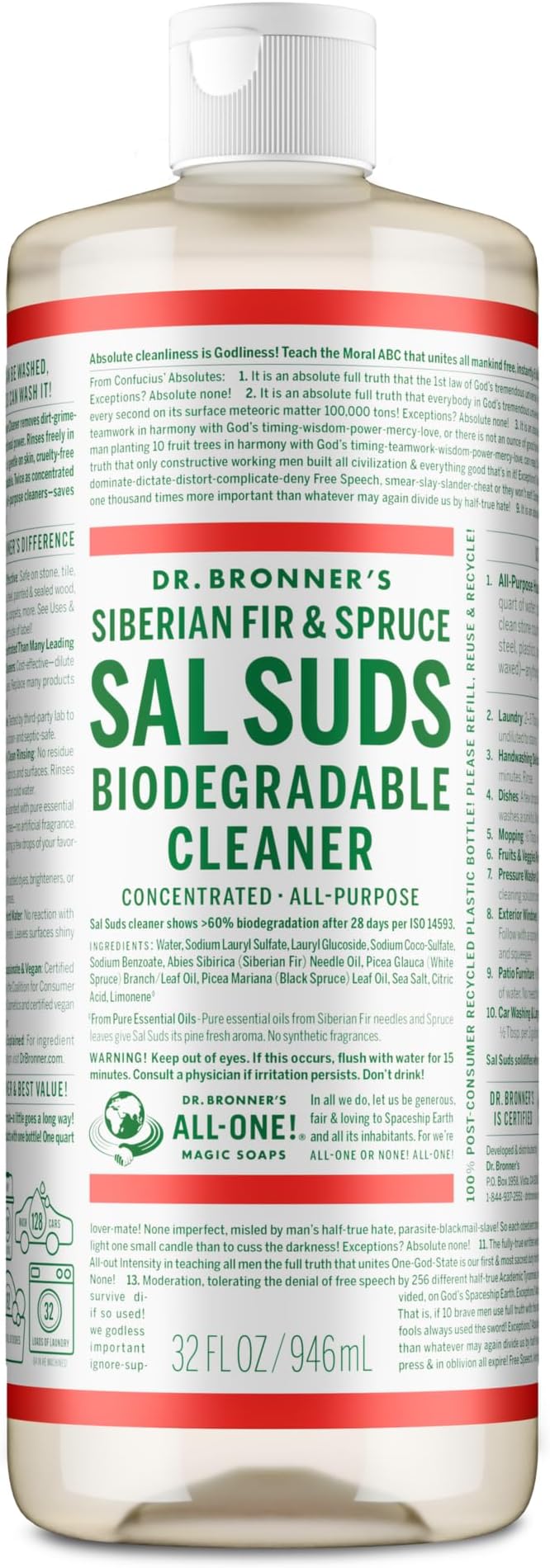Dr. Bronner's Sal Suds Biodegradable Cleaner (32 oz) – All Purpose Pine Mop Detergent for Floors, Laundry & Dishes, Multi-Surface Concentrate, Heavy-Duty Degreaser