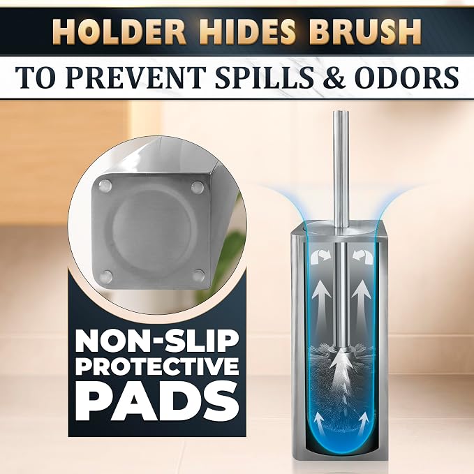 Silver Toilet Brush and Holder Set - Upgrade Your Bathroom in Seconds - Stainless Steel Toilet Bowl Brush and Holder with 2 Rounded Corners, Replaceable Head, Removable Inner Bowl & Splash Guard Cover