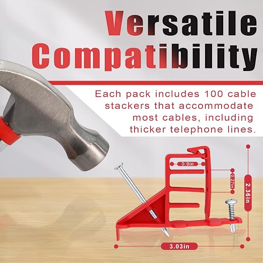 100 Pcs Multi-Cable Staple, Cable Stackers Electrical Wire Stackers, Secures Cable Staples Clips with Steel Nails Suitable Most Cables (Red)