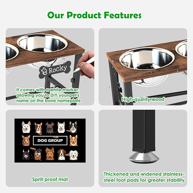 SHAINFUN Adjustable Height Elevated Dog Bowl Stand – Wooden Raised Dog Bowls with Three 58oz Stainless Steel Bowls & Mat for Small to Large Dog Breeds