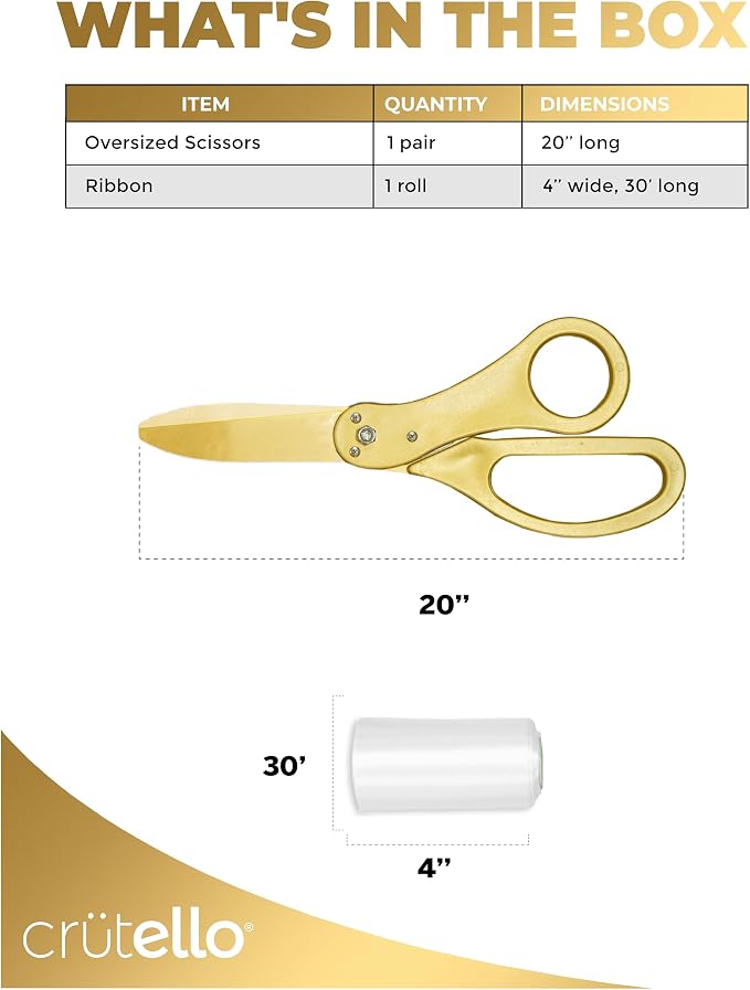 Crutello Ribbon Cutting Ceremony Kit - Grand Opening Ribbons and Scissors - 20"Giant Gold Scissors and 30 Foot Large White Ribbon 4"Wide - Ceremonial Kit