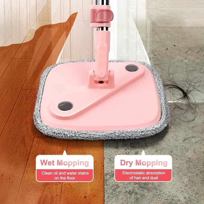 Upgraded Spin Mop and Bucket System Set, Self Separate Clean and Dirty Water, Foldable Square Standing Mop Head with Microfiber Mop Pads, Detachable Bucket (Pink, 1.0 Mop Bucket Set with 6 Pads)