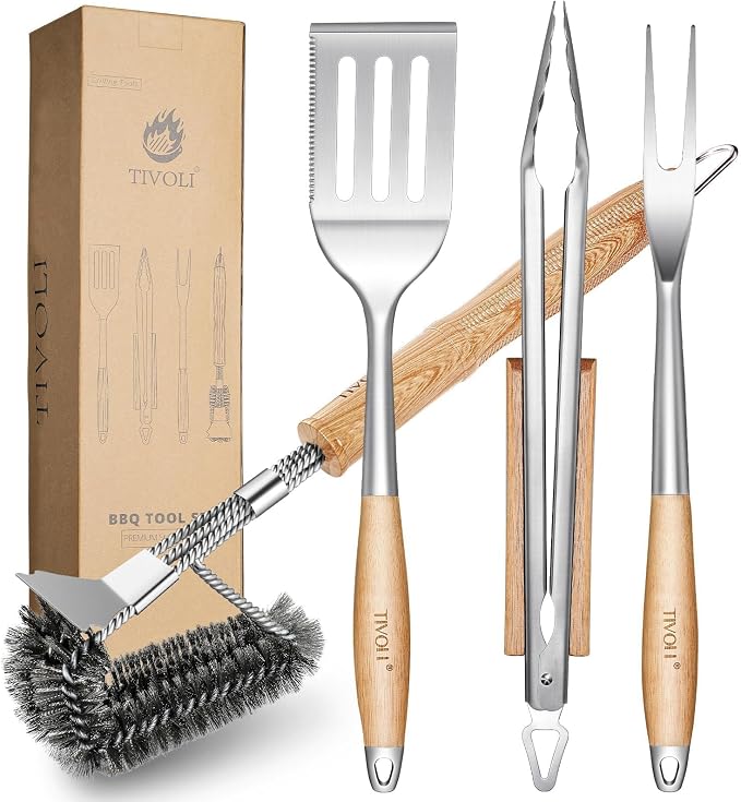 TIVOLI 4PCS Grilling Accessories Set - Heavy Duty BBQ Tool Set | Stainless Steel, Heat-resistant, Spatula, Tongs, Fork, Cleaning Brush, Gift Box, for Outdoor