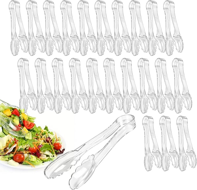 24 Pack Plastic Tongs for Serving, 9 Inch Heavy Duty Hard Plastic Serving Tongs with Scalloped Tips, Reusable or Disposable Serving Utensils for Buffets, BBQ, Bakery, Parties & Catering