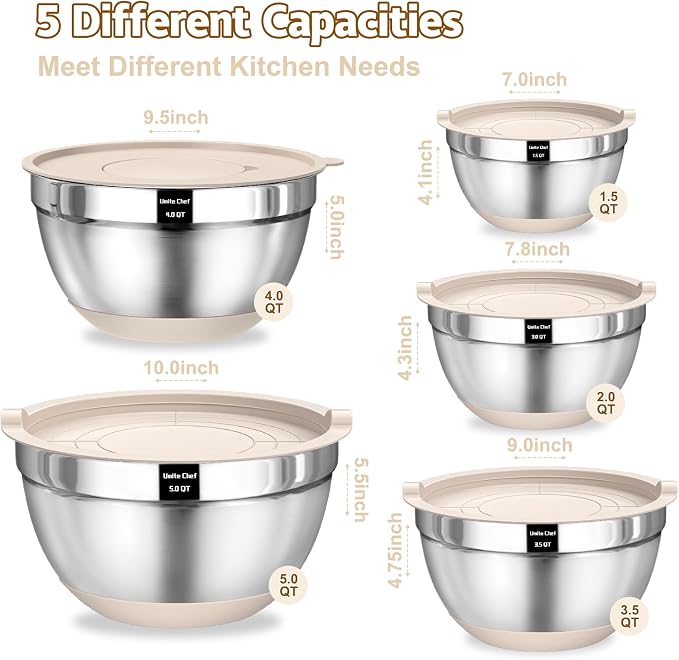 Umite Chef Mixing Bowls with Airtight Lids Set, 8PCS Stainless Steel Nesting Bowls with Grater Attachments, Non-Slip Bottoms, 5, 4, 3.5, 2, 1.5QT for Mixing & Serving