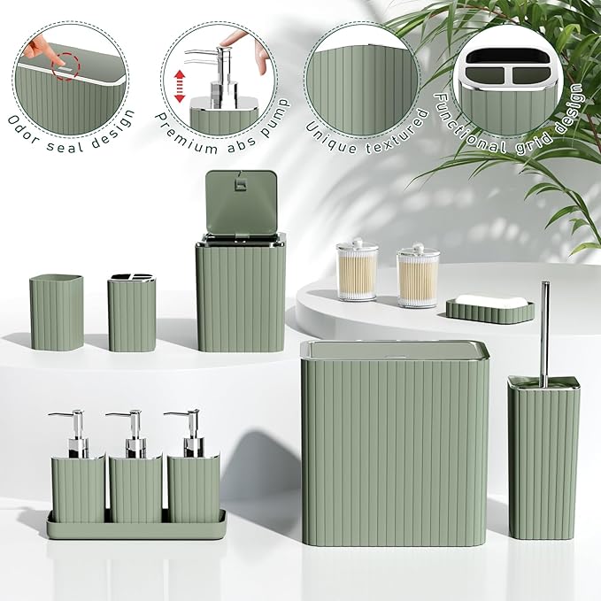 Bathroom Accessory Set - Sage Green Bathroom Set, 12PC Bathroom Accessories Set, Mini Trash Can, Toilet Brush, Trash Can & Soap Dispenser