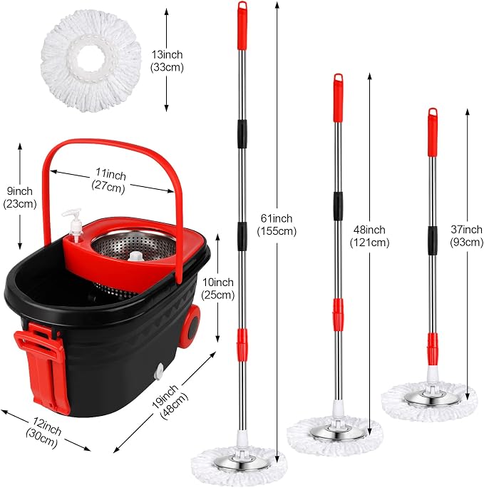 Spin Mop and Bucket with Wringer Set on Wheels, 3 Mop Refills, 61" Handle | 360° Spinning Mop System with Stainless Steel Extended Handle & 3 Microfiber Refills for Floor Cleaning