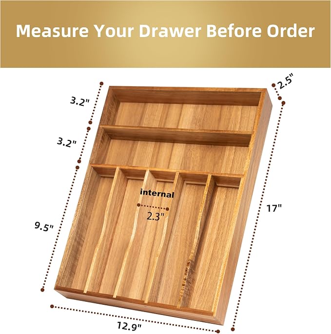 Besilord Silverware Organizer Kitchen Drawer Organizer Utensil Organizer Acacia Silverware Holder Cutlery Organizer in Drawer Flatware Organizer Tray(7 slots, Acacia