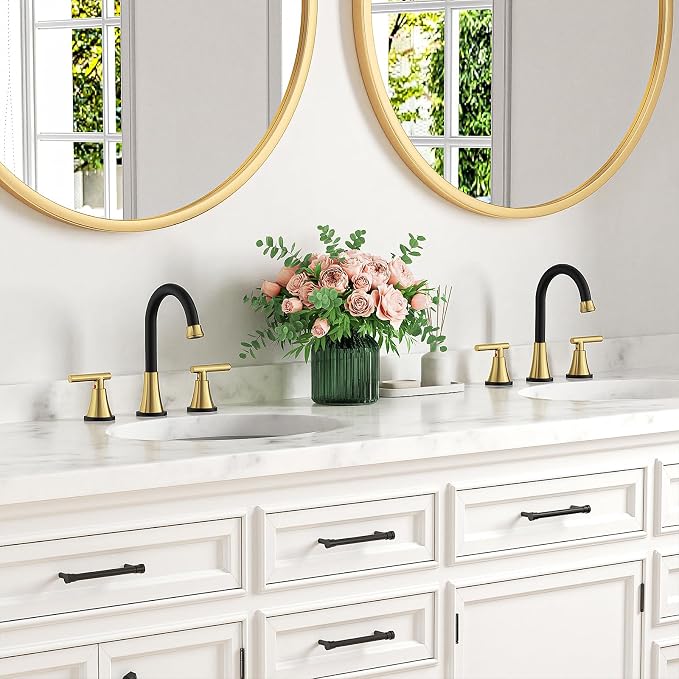 Bathroom Faucets for Sink 3 Hole, Hurran Black& Gold Bathroom Sink Faucet with Pop-up Drain and Supply Lines, Stainless Steel Lead-Free Widespread Faucet for Vanity RV, 2 Pack