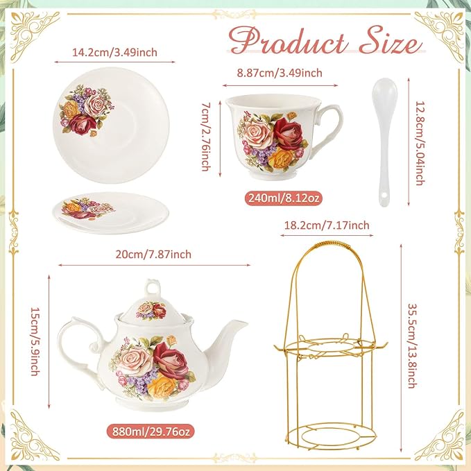Zhehao 20 Pcs Porcelain Tea Set with Metal Holder and Spoon Adult Ceramic Tea Set European Flower Painting Teapot Cup Saucer Spoon for Women Mom Gift, Large Version (Groovy Style)