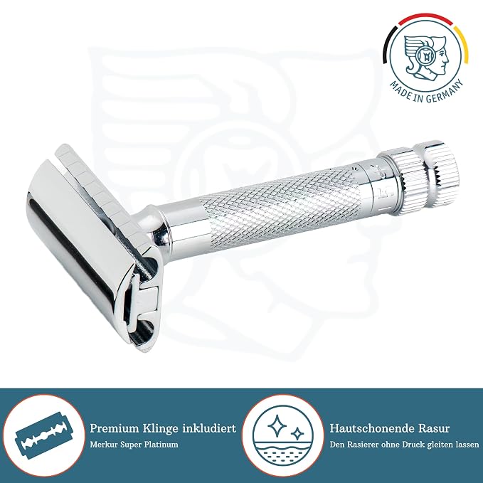 MERKUR 34 Adjustable 2-Piece Double-Edge Safety Razor for Men in Bright Chrome with Standard Handle and Closed Comb — Adjustable Blade Gap, Made in Germany