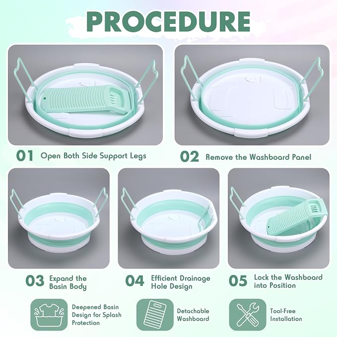 Lounsweer Large Collapsible Washboard Basin for Hand Washing Clothes with 2 Cleaning Brushes Portable Folding Laundry Tub with Non-Slip Washtub for Home Travel Camping(Green)