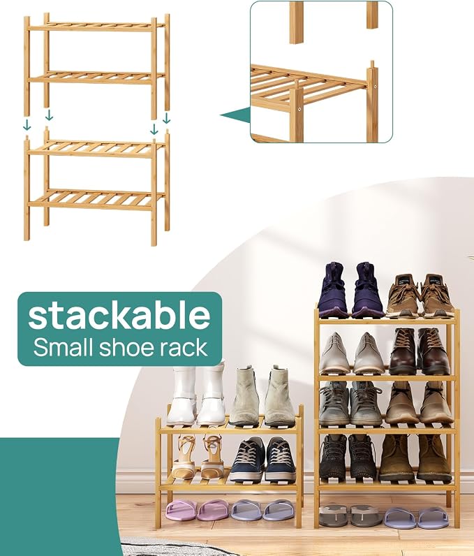 viewcare Small Shoe Rack, 2-Tier Shoe Rack for Entryway, Bamboo Wood Shoe Shelf for Closet & Hallway, Long 17.2IN | Beautiful | Functional | Sturdy | Durable