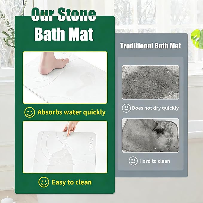 XMarrat Stone Bath Mat, 23.6'' x 15.4'' Super Absorbent Diatomaceous Earth Bath Mat Large, Quick Drying Non-Slip Diatomite Stone Bath Mats for Bathroom, Easy to Clean