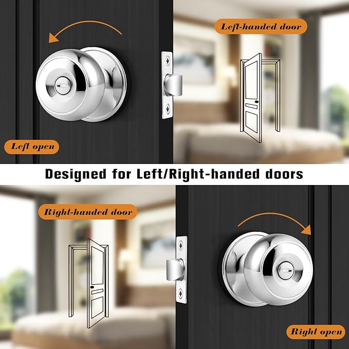 Probrico Privacy Bed/Bath Knob in Polished Chrome, Interior Keyless Door Konbs, 4 Pack