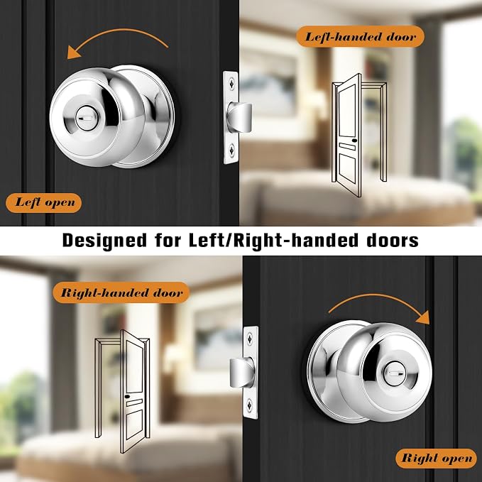 Probrico Polished Stainless Privacy Door Knobs, Interior Keyless Door Knobs for Bathroom/Bedroom, 3 Pack