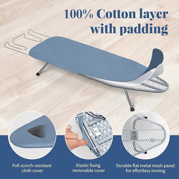Small Ironing Board Tabletop 31"x12" Blue | BlissBoard Mini Folding Portable Iron Board with Cover, Pad & Non-Slip Feet, Compact Table for Travel