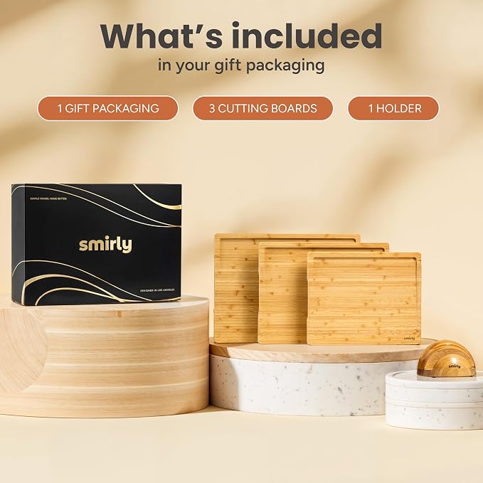 SMIRLY Cutting Boards for Kitchen, 3 Piece Bamboo Cutting Board with Stand | Non Toxic Wooden Cutting Board with Juice Grooves and Handles, Multiple Sizes Chopping Boards for Meat Vegetable Charcuterie
