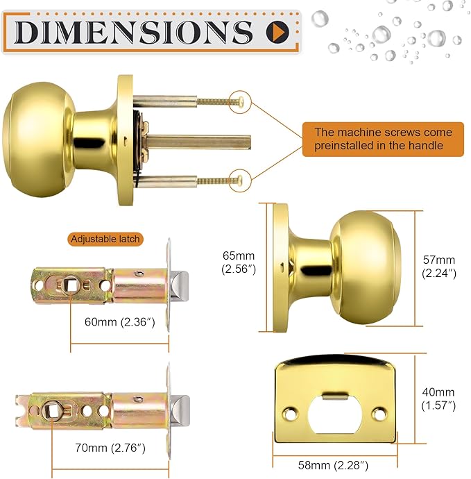 Probrico Keyless Flat Ball Door Knob, Non-Locking Passage Door Hardware in Polished Brass for Closet, Hallway & Passage Handle, 1 Pack