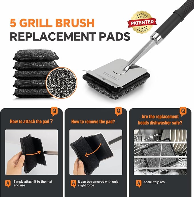 Bristle-Free Steam Grill Brush with 5 Replacement Pads – No Bristle Shedding. Unique Steel Fibers Pads Efficiently Deep Clean All Kinds of Grills. A Safe Outdoor Grill Cleaner.(Model-XD3000)