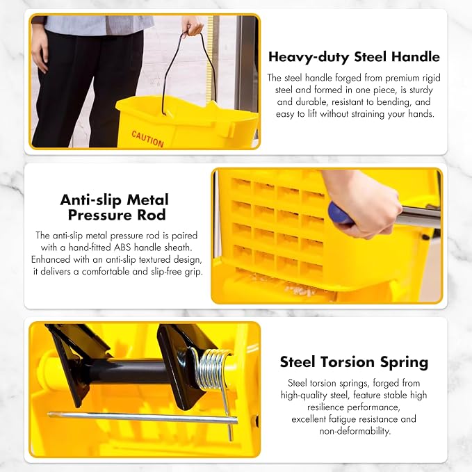 KULED Commercial Mop Bucket with Side Press Wringer, Including Wet Floor Caution Sign and One Industrial Mop with 2 Mop Heads, for Floor Cleaning and Mopping, 38 Quart, Yellow