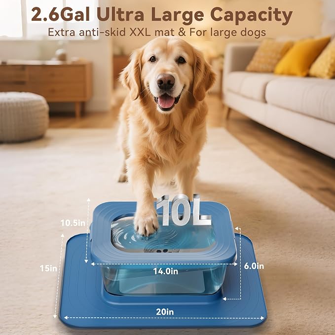 10L No Spill Dog Water Bowl Stainless Steel for Messy Drinkers | Large Capacity Slobber Stopper, Slow Drinking Anti Splash Design, XXL Silicone Mat, For Large Dogs & Multi-pet Homes, Blue