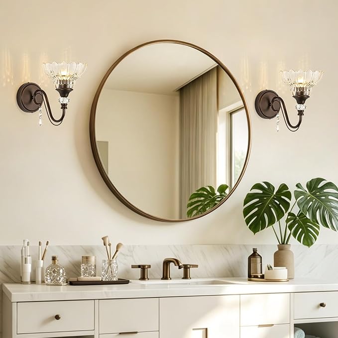 1 Piece Oil Rubbed Bronze Finish Wall Sconce, 1-Light Modern Wall Sconce with Hanging Crystal Accents and Flower-Shaped Clear Shades for Bathroom Bedroom Living Room,Modern Vanity Light