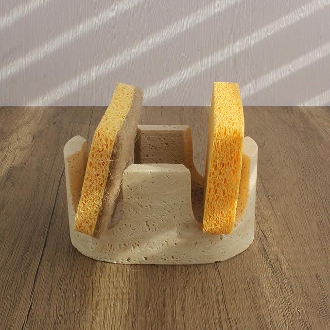 Nawgnail Natural Travertine Marble 2-Slot Sponge Holder for Kitchen Counter, 2-in-1 Stone Drying Rack, Sponge Caddy for Sink Organizer - Beige Travertine