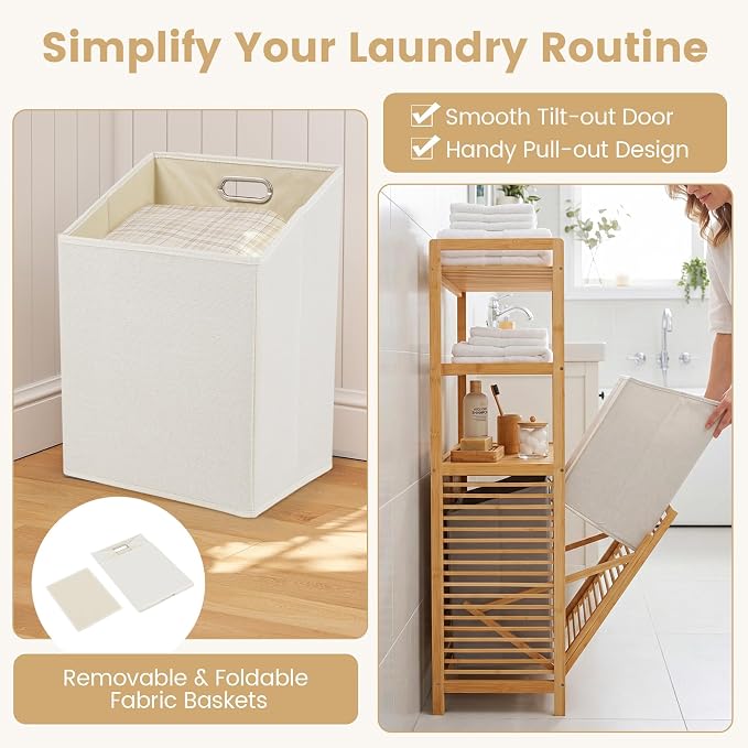 Giantex Double Tilt Out Laundry Hamper with 3-Tier Storage Shelf | 14 Gal Bamboo Laundry Storage Cabinet w/Removable Laundry Baskets, Laundry Sorter Organizer for Bathroom Living Room Bedroom