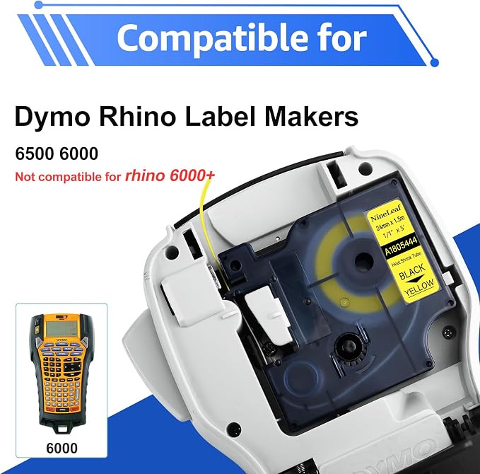 NineLeaf 5 Pack Compatible Labels Tape Replacement for Dymo 1805444 1 inch Black on Yellow Heat Shrink Tube Labels 24mm x 1.5m for Wires and Cables Use in Rhino 6000 6500 Label Maker