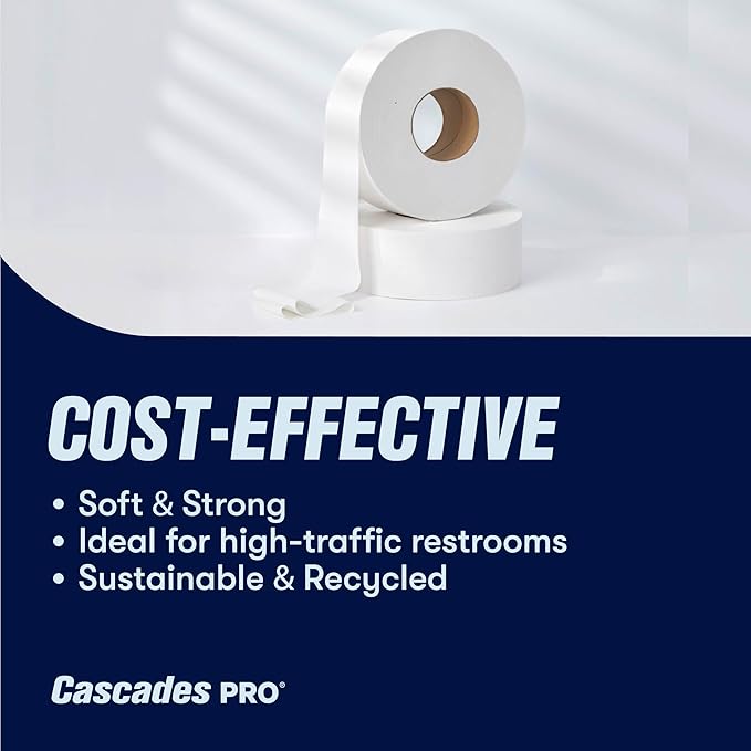 Cascades PRO Select Jumbo Bath Tissue – 2-Ply Toilet Paper – Fits Universal Jumbo Roll Dispensers – Soft, Durable, and Septic Safe – 500' Length/Roll, 12 Rolls/Box – B080 – White