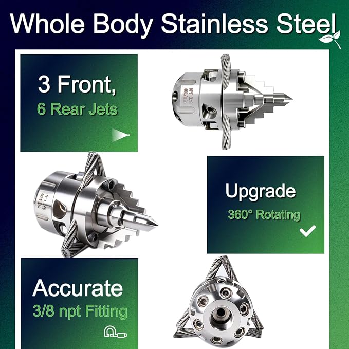 3/8 NPT Sewer Jetter Rotating Nozzle - Cutting Roots, for 2900 psi, 40L/Min (10.57GPM), High Pressure Drain Pipe Wall Cleaning Scraper Head for Pressure Washers