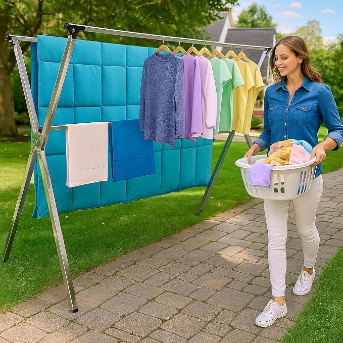 Clothes Drying Rack Folding Indoor Outdoor, Foldable Portable Laundry Drying Rack, Heavy Duty Laundry Hanger Dryer Rack with 20 Hooks