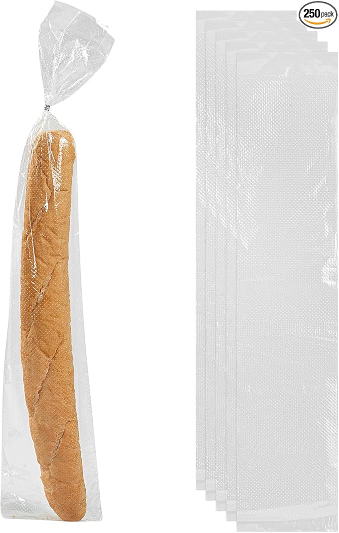 Restaurantware Bag Tek 28 Inch x 6 Inch Bread Bags 250 With Wicket Dispenser Bread Loaf Bags - Micro Perforated Freezer Safe Clear Plastic Baguette Bags Disposable