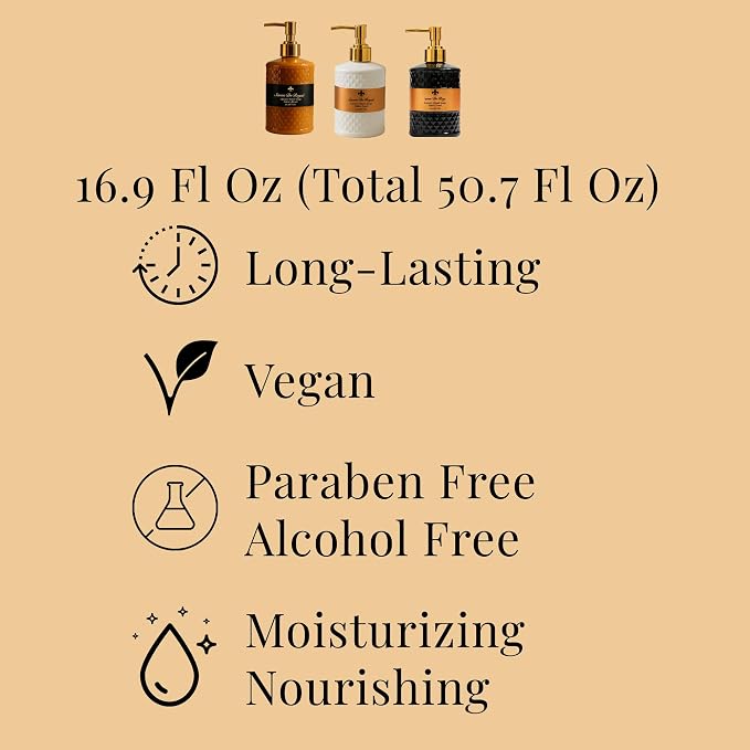 Savon De Royal Luxury Pack of 3 Liquid Hand Soap, Jasmine/Musk Vanilla/Vanilla Orange Bathroom Soap Hand Wash Refillable Bottle Gift 50.7 Fl Oz