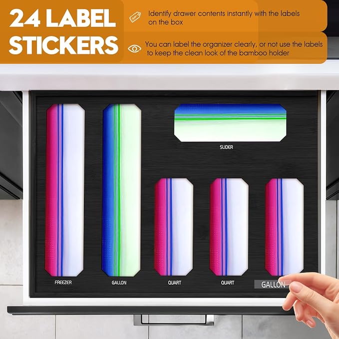 6 in 1 Bamboo Ziploc Bag Storage Organizer, Black Baggie Organizer for Drawer with Sliding Lid - Fits Gallon, Quart, Sandwich, Snack & Freezer Bags, Wall Mountable Kitchen Drawer Organization
