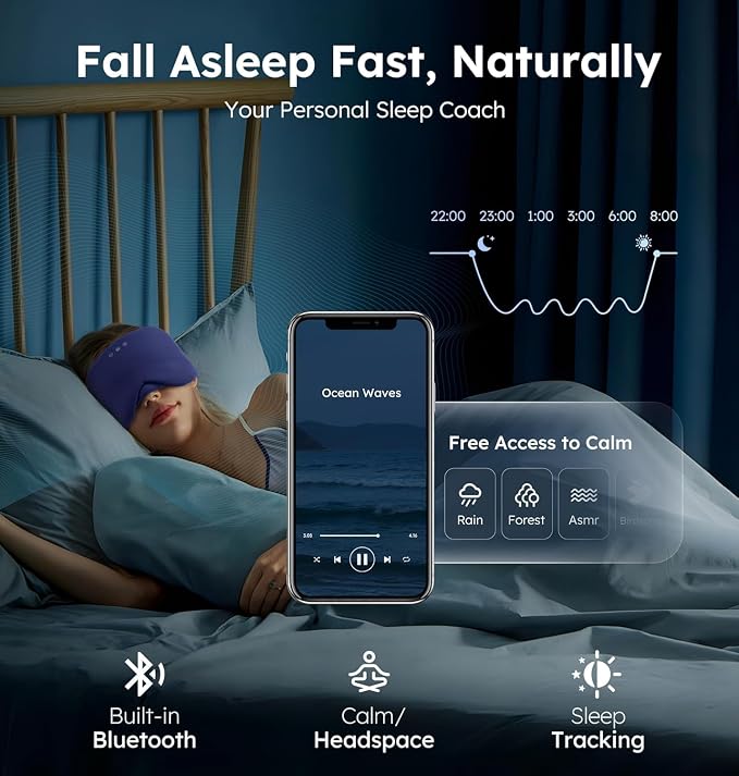 Luxury Bluetooth 5.4 Sleep Mask for Adults - Ice Fiber Cooling & HD Sound, 100% Light Blocking Adjustable Eye Cover for Travel & Side Sleepers - Soft Sleep Headphones with 10H Playtime (Blue)