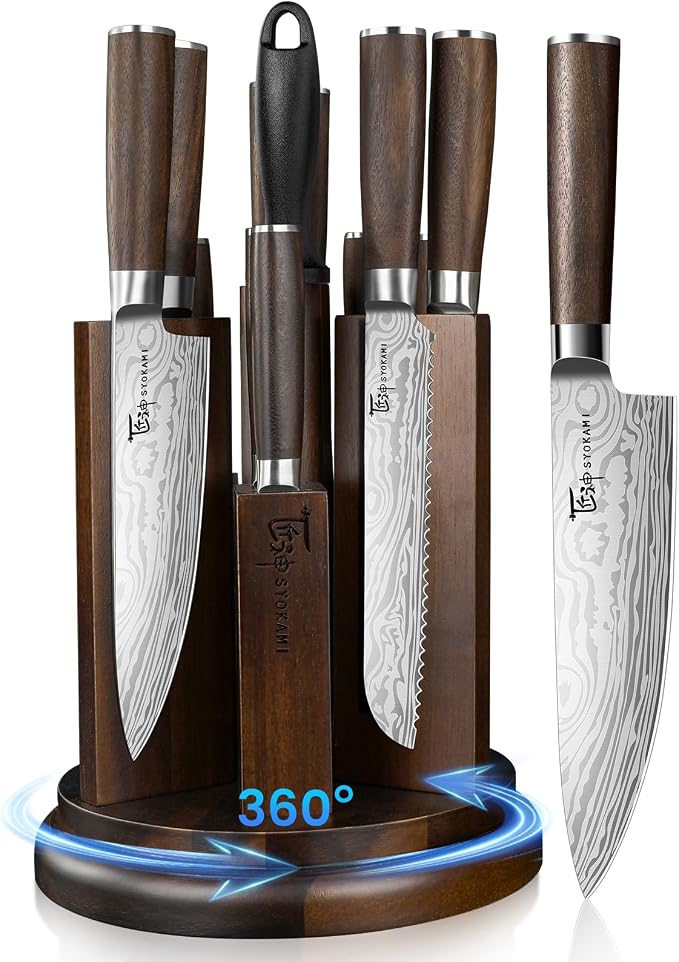 SYOKAMI 2026 Upgrade Knife Set 14 Piece Japanese Style Kitchen Knife Set With 360° Rotatable Magnetic Block, High Carbon Stainless Steel Knives Sets with Steak Knives and Sharpener, Ideal for Gift